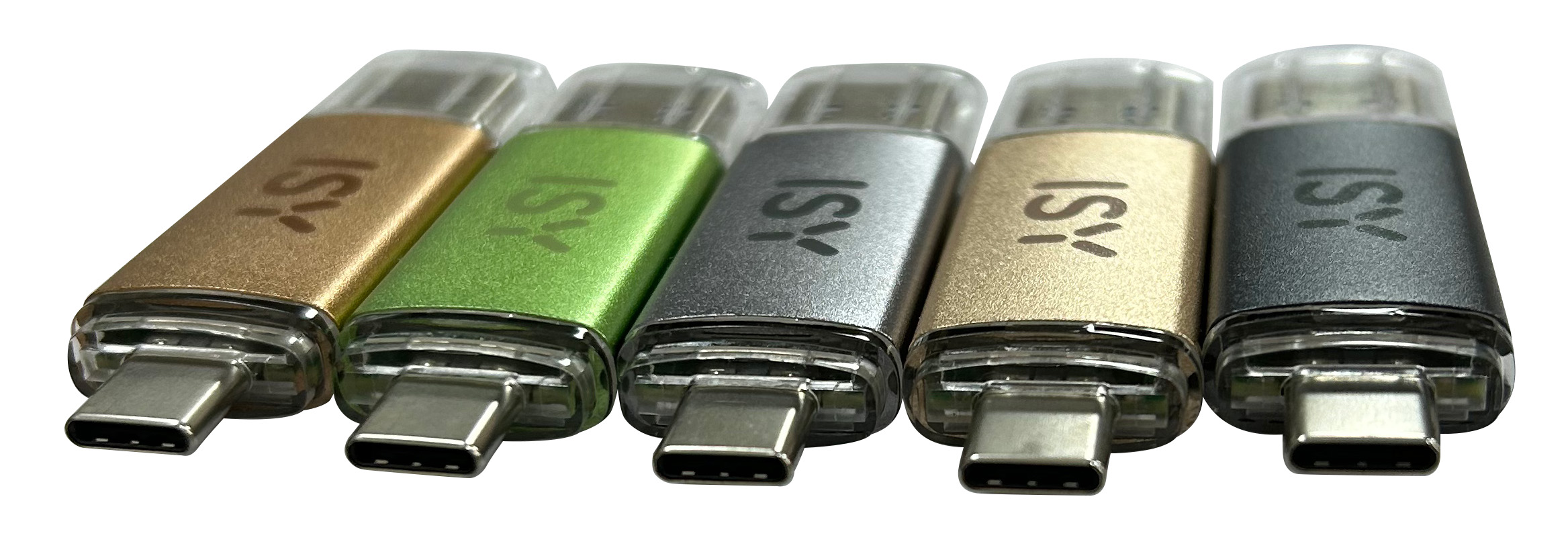 Fünf USB-Flash-Laufwerke in Gold, Grün, Silber, Gold und Schwarz. Jedes hat eine transparente Kappe und den Aufdruck 'ISY'.