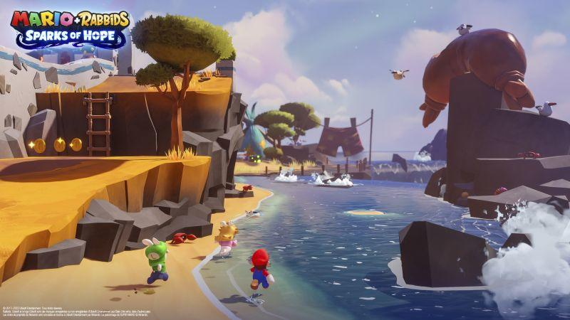 Mario- und Rabbids-Figuren rennen am Strand. Rechts ist ein großes Seeungeheuer. Der Titel des Spiels ist oben links.