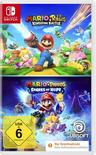 Nintendo Switch-Spielhülle. Oben: Mario + Rabbids Kingdom Battle. Unten: Mario + Rabbids Sparks of Hope. USK-Einstufung 6.