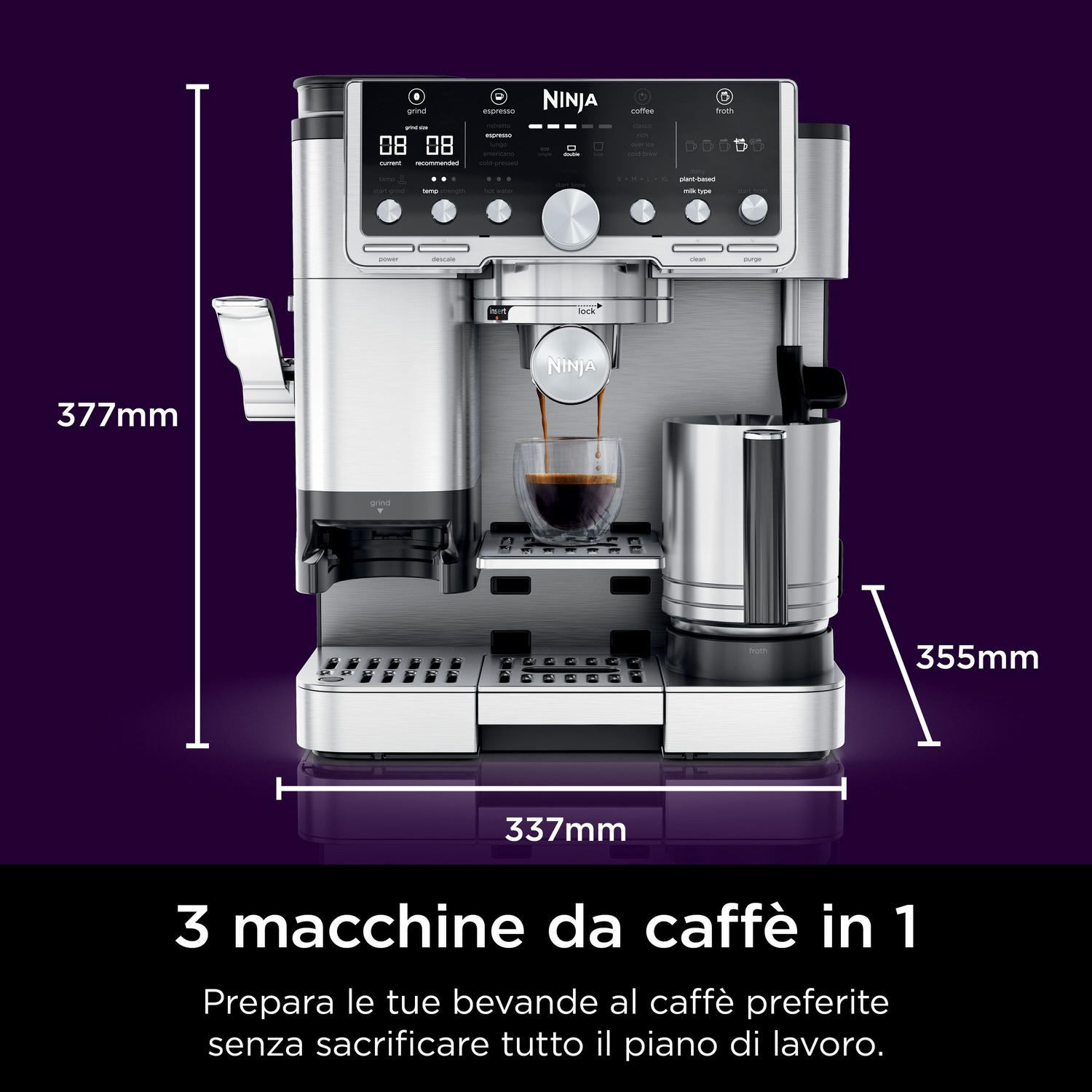 Caffettiera Ninja. Acciaio inossidabile con display digitale. Prepara il caffè in un bicchiere. Dimensioni visualizzate sui lati.