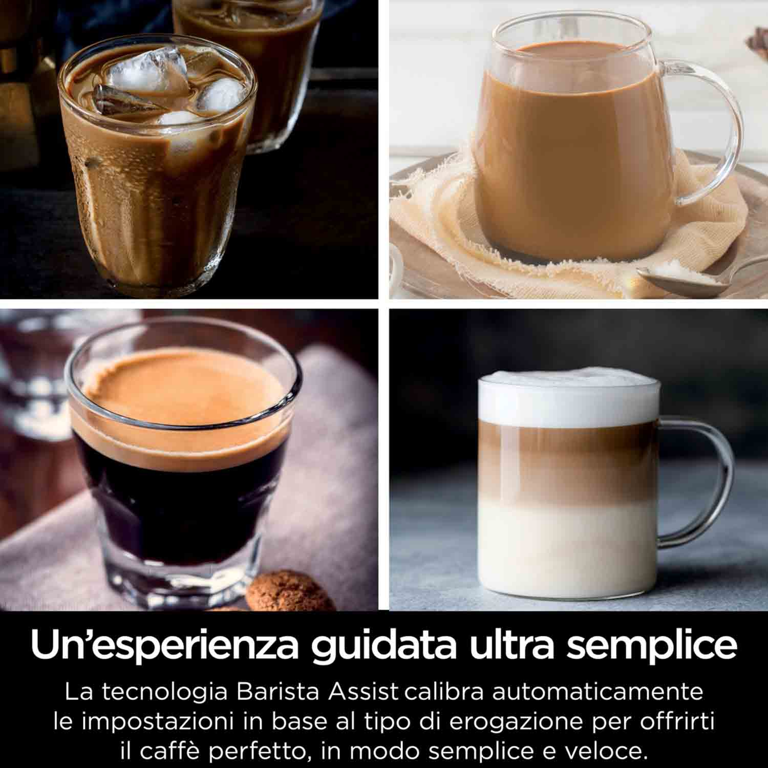 Quattro bevande al caffè in bicchieri: caffè freddo, latte, espresso e una bevanda al caffè con latte.