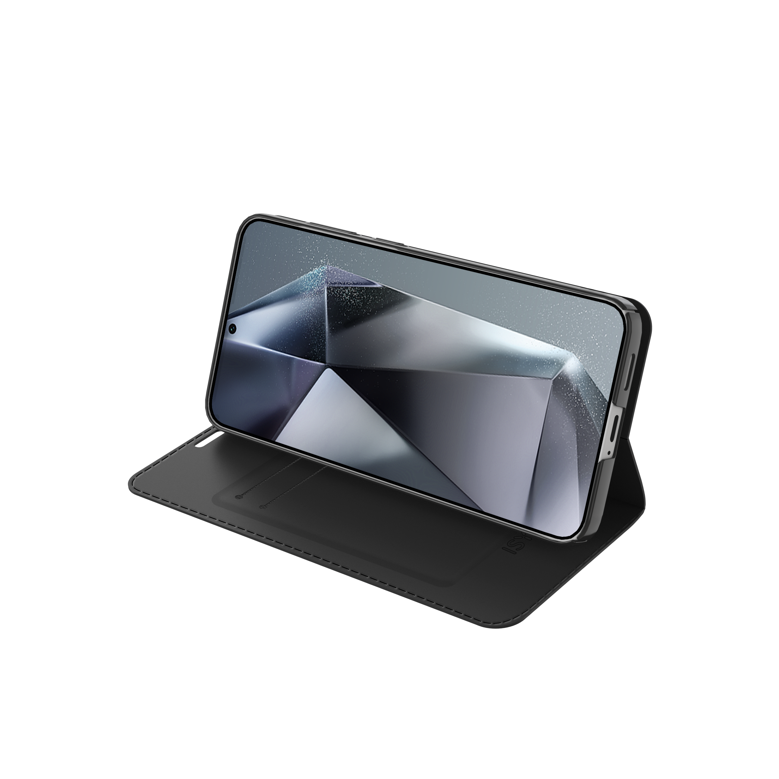 Ein schwarzes Smartphone in einer schwarzen Hülle ist geöffnet. Der Bildschirm zeigt ein geometrisches Design. Der Hintergrund ist weiß.