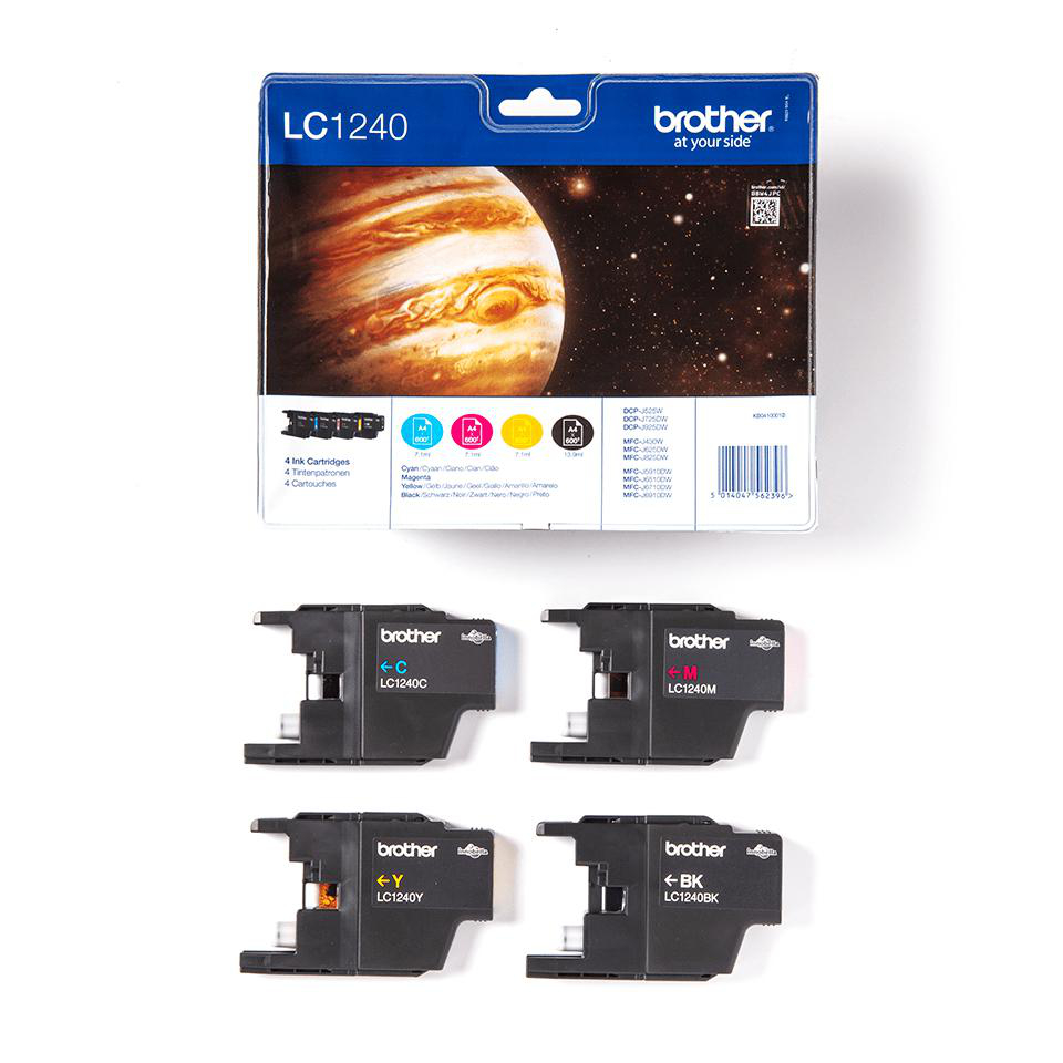 Eine Brother LC1240 Tintenpatronenbox mit vier einzelnen Patronen darunter. Die Box zeigt einen Planeten.