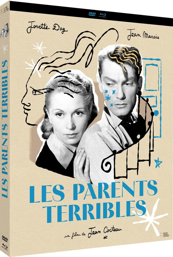 Couverture de film avec Josette Day et Jean Marais, titre 'Les Parents Terribles'. Graphisme noir et accents bleus.