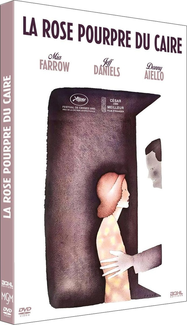 Filmposter, 'La Rose Pourpre du Caire'. Een vrouw in een jurk wordt aangeraakt door een man. Het gezicht van een andere man staat op de achtergrond.
