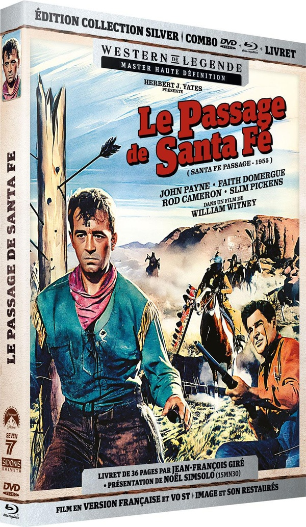 Affiche de film avec un homme en veste verte et le titre "Le Passage de Santa Fe". D'autres hommes à cheval avec des armes en arrière-plan.