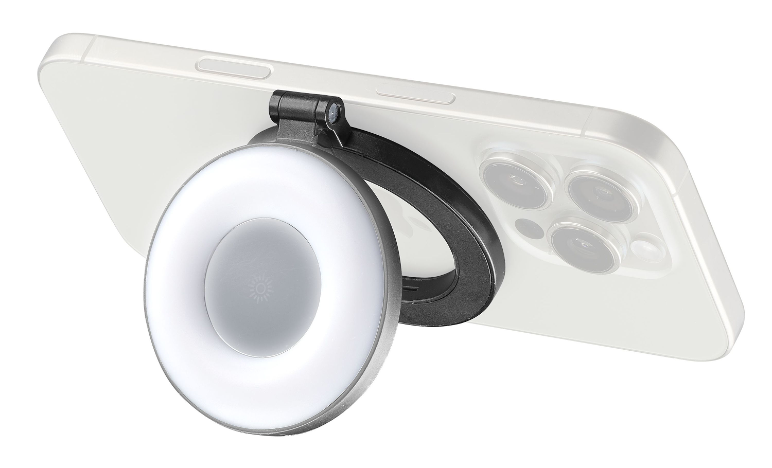 Un teléfono inteligente blanco con una luz de anillo negra adjunta. La luz es circular y tiene un brillo blanco brillante.