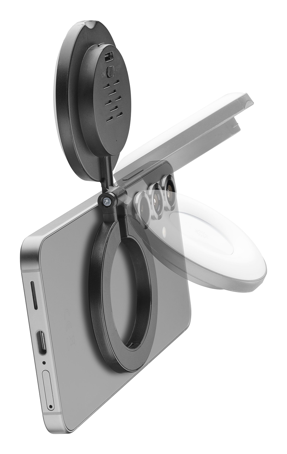 Un smartphone con una luz de anillo y un panel de luz giratorio. El teléfono es plateado y los accesorios son negros.