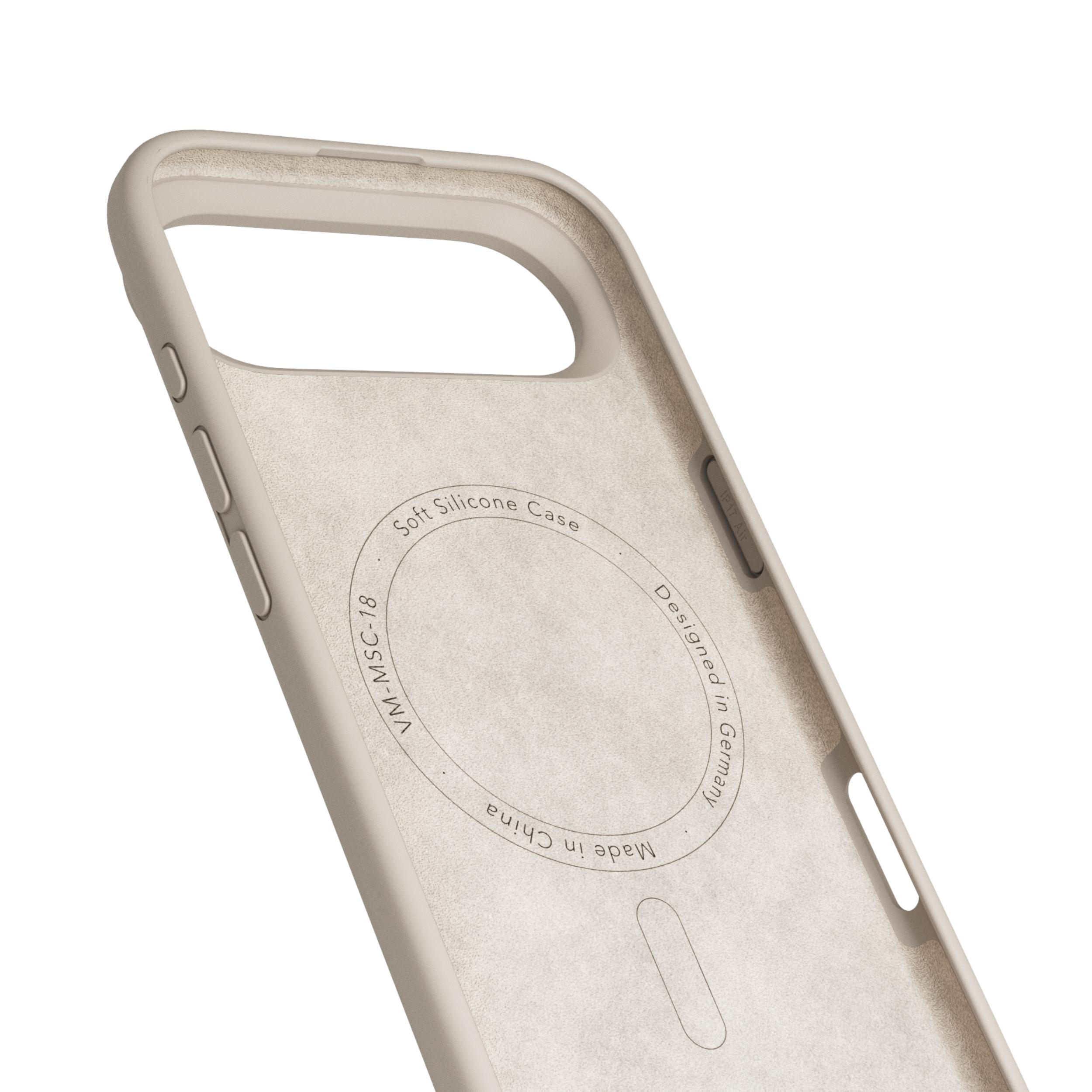 Eine beige Silikon-Handyhülle mit Text: 'Soft Silicone Case', 'Designed in Germany' und 'Made in China'.