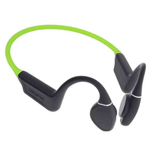 Czarne i zielone słuchawki kostne. Zielony pasek łączy czarne elementy douszne. Słowo 'CREATIVE' znajduje się po lewej stronie.