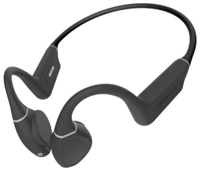 Czarny zestaw słuchawkowy przewodnictwa kostnego. Posiada pałąk na szyję i wkładki douszne z marką Creative. Białe akcenty na wkładkach.