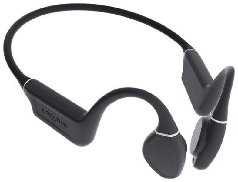 Czarne słuchawki przewodnictwa kostnego. Zakrzywiony pałąk z wkładkami dousznymi. Widoczne logo 'Creative'. Srebrne akcenty na wkładkach.
