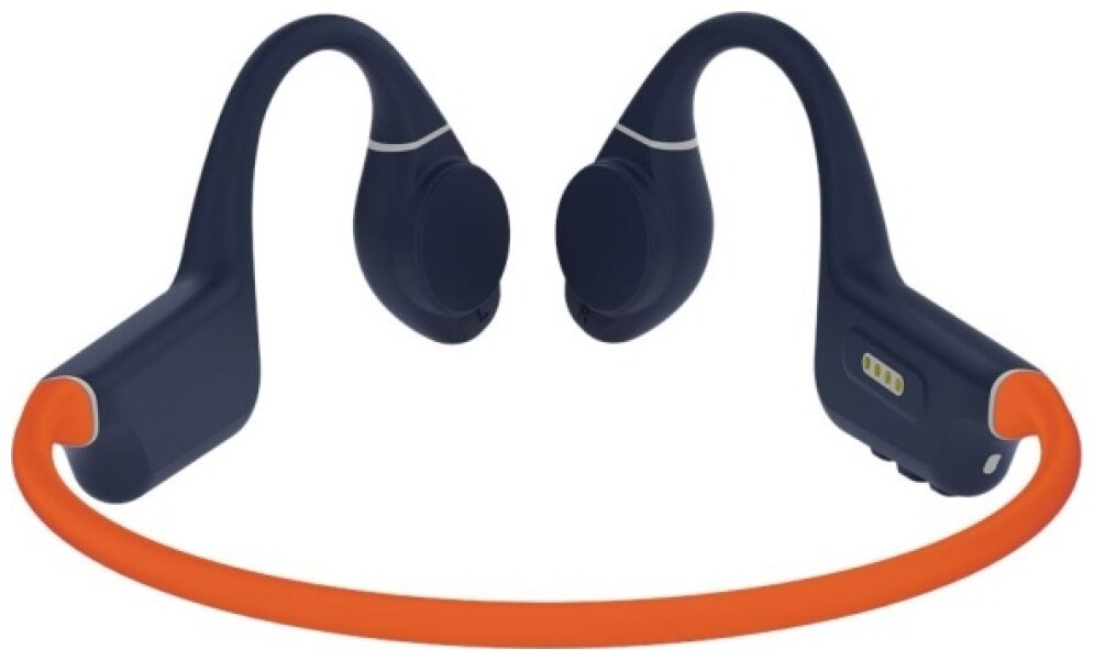Granatowo-pomarańczowe słuchawki kostne. Słuchawki mają zakrzywioną konstrukcję. Pomarańczowa opaska łączy obie strony.