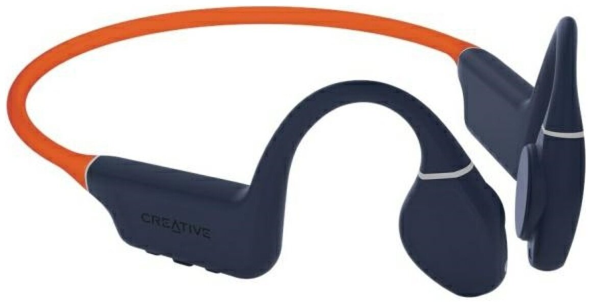 Niebieskie słuchawki Creative z pomarańczową opaską. Design jest nowoczesny i elegancki. Słuchawki na białym tle.