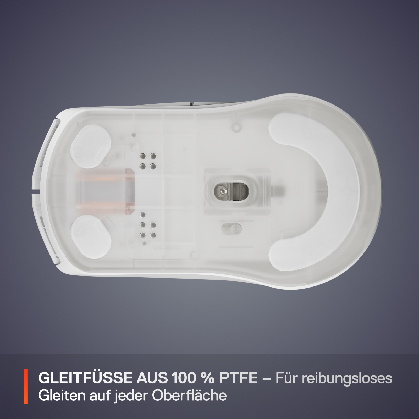 Unterseite einer weißen Maus mit transparentem Kunststoff. Es hat weiße Pads und einen zentralen Mechanismus. Grauer Hintergrund.