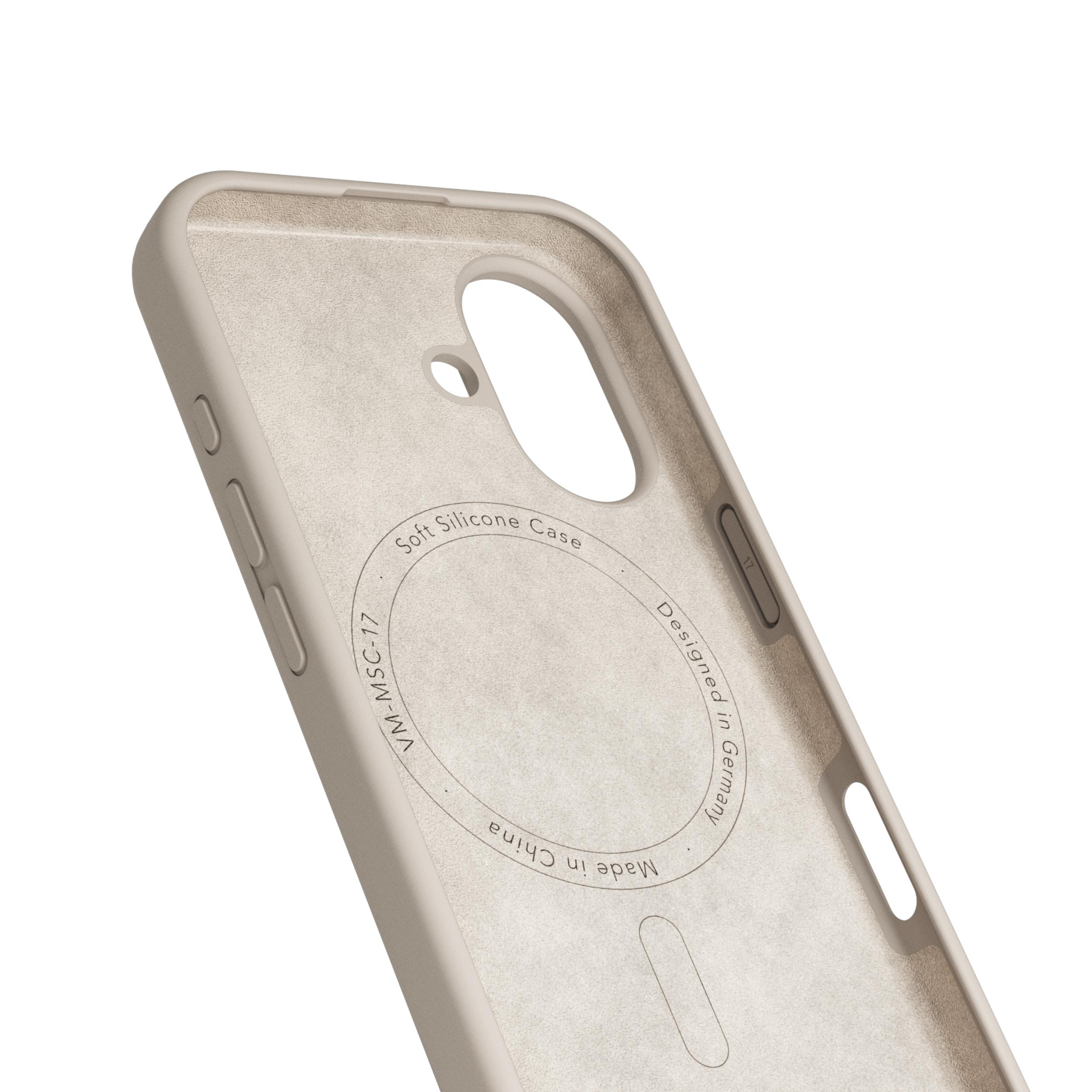 Beige Handyhülle mit Text: 'Soft Silicone Case', 'Designed in Germany', 'Made in China'.