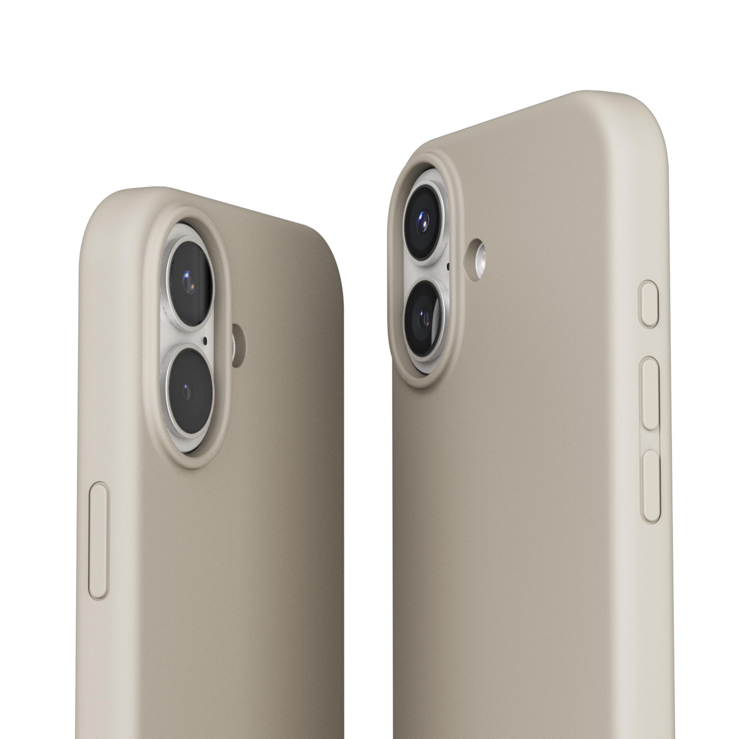 Zwei beige Handyhüllen, jede mit Kameraausschnitten. Eine zeigt Knöpfe. Der Hintergrund ist weiß.