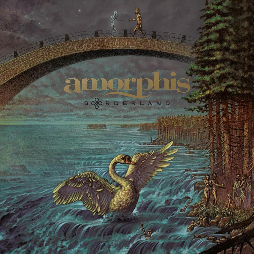 Album borító: Hattyú vízesésben, híd alakokkal, erdő és figurák. Amorphis Borderland cím.