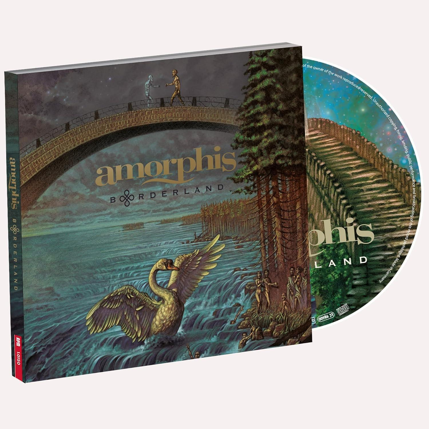 A CD-borító egy hattyút, figurákkal teli hidat, folyó vizet és az 'amorphis BORDERLAND' szöveget ábrázolja.
