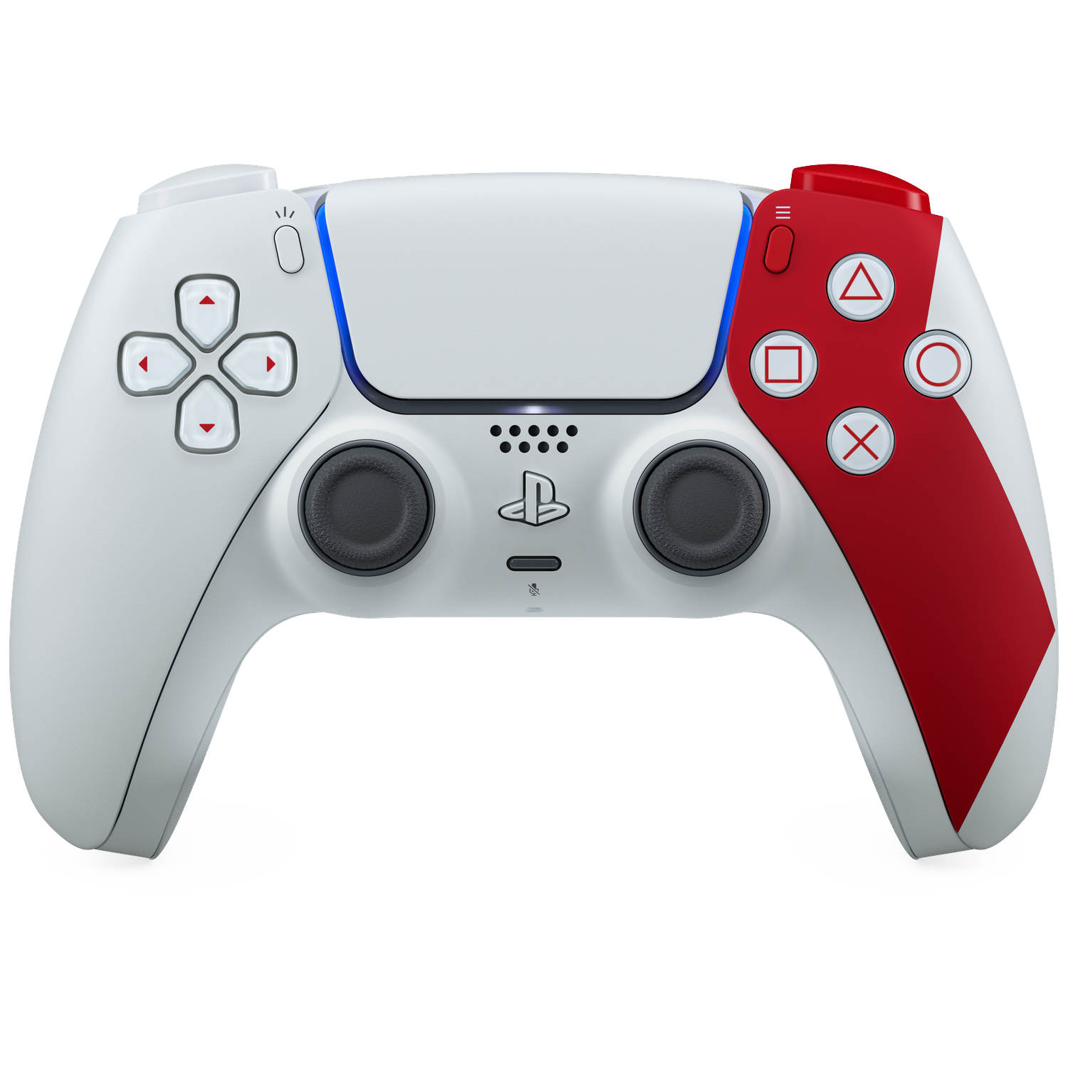 Een witte en rode PlayStation 5-controller, met diverse knoppen en joysticks, tegen een witte achtergrond.