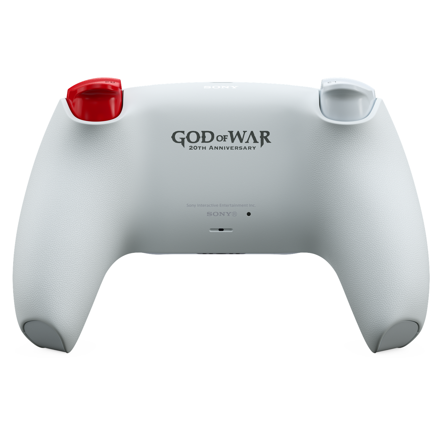 Een witte PlayStation 5-controller, met rode en witte knoppen, met "GOD OF WAR 20TH ANNIVERSARY" op de voorkant.