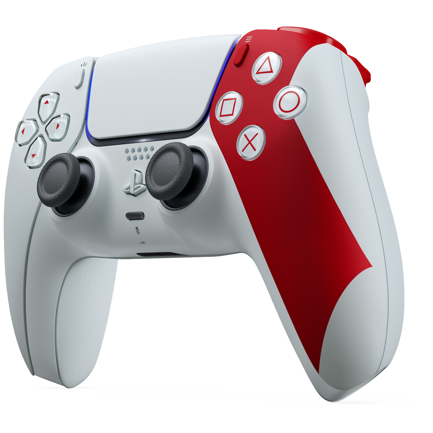 Een witte en rode PlayStation 5-controller. De controller heeft zwarte thumbsticks, een D-pad en actieknoppen met een rode streep.