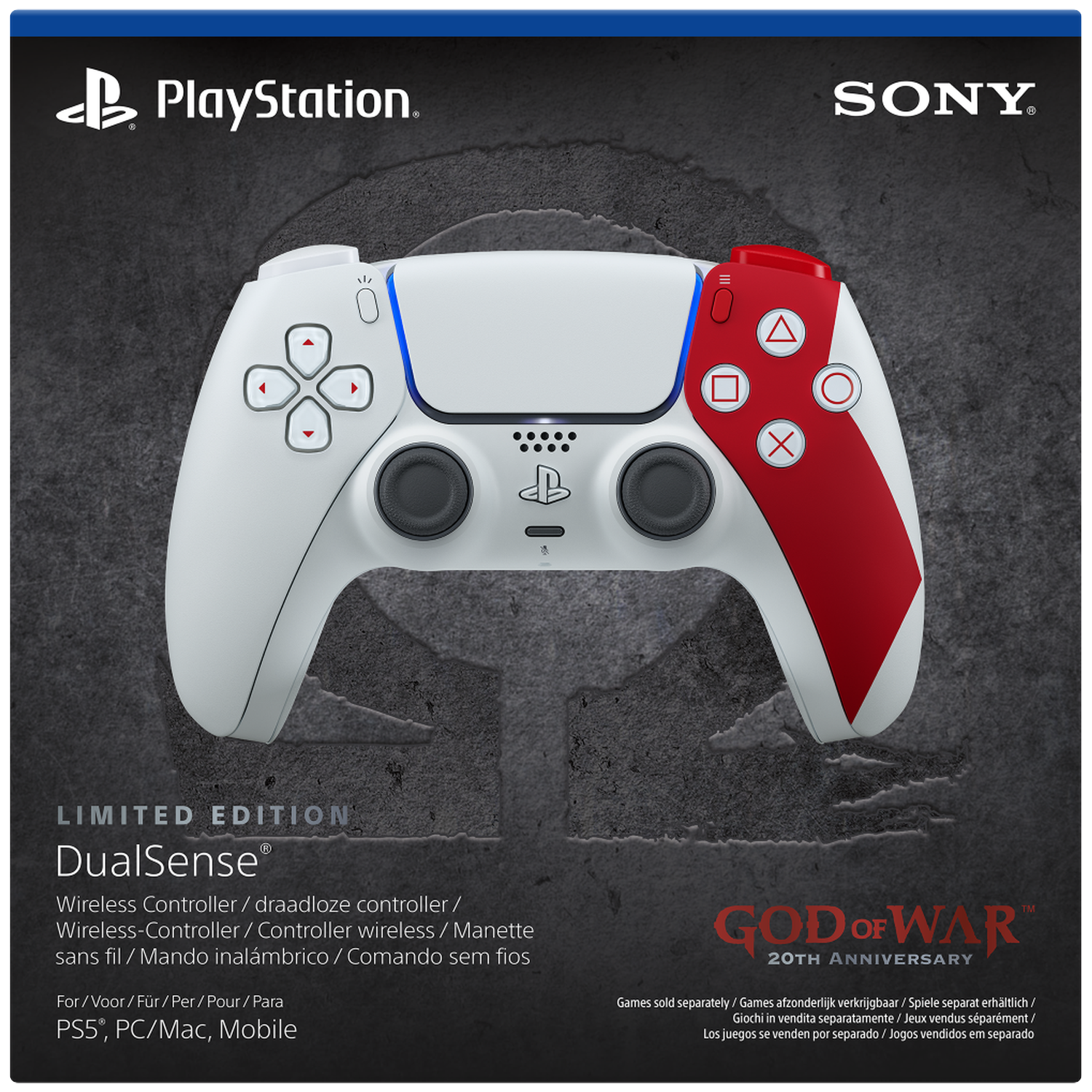 Een witte en rode PlayStation DualSense-controller. Het is een limited edition voor de 20e verjaardag van God of War.