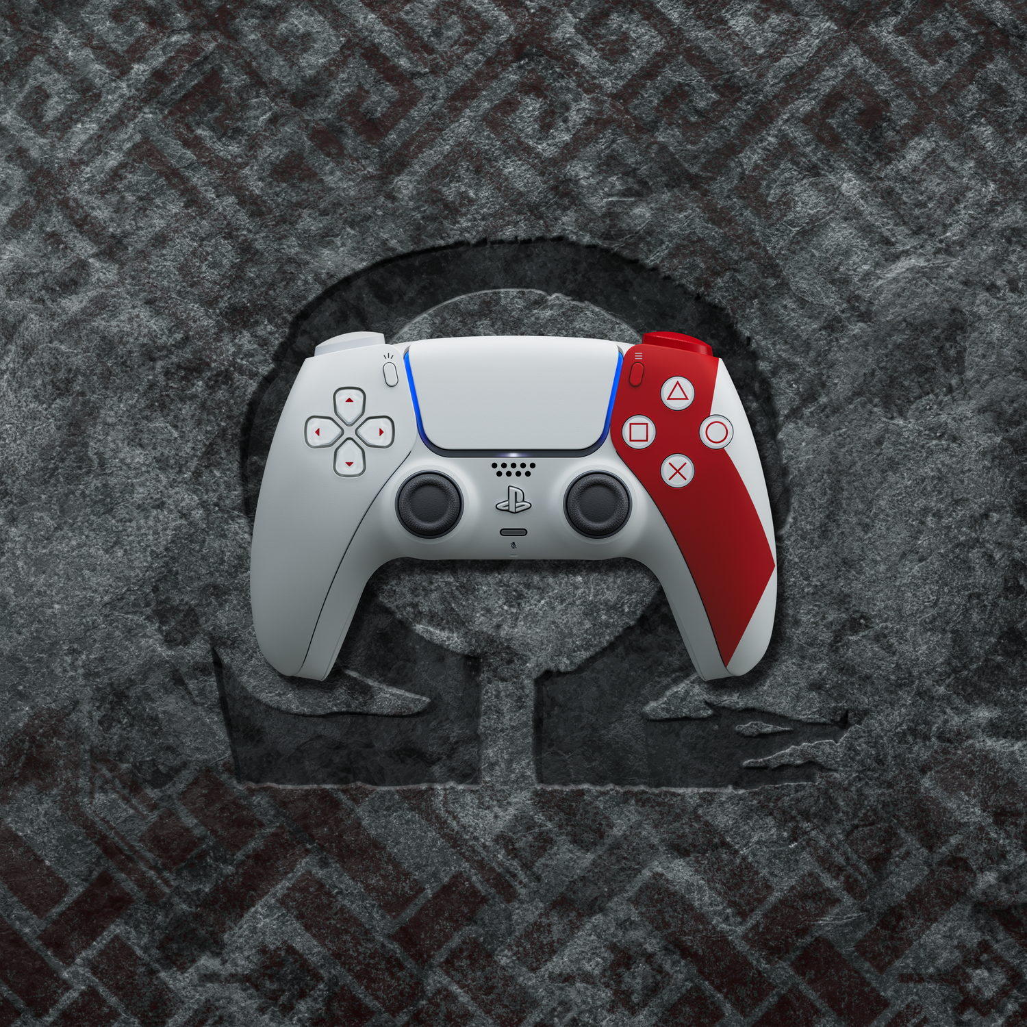 Een witte en rode PlayStation 5-controller ligt op een getextureerd grijs oppervlak met een gegraveerd symbool. De knoppen van de controller zijn zichtbaar.