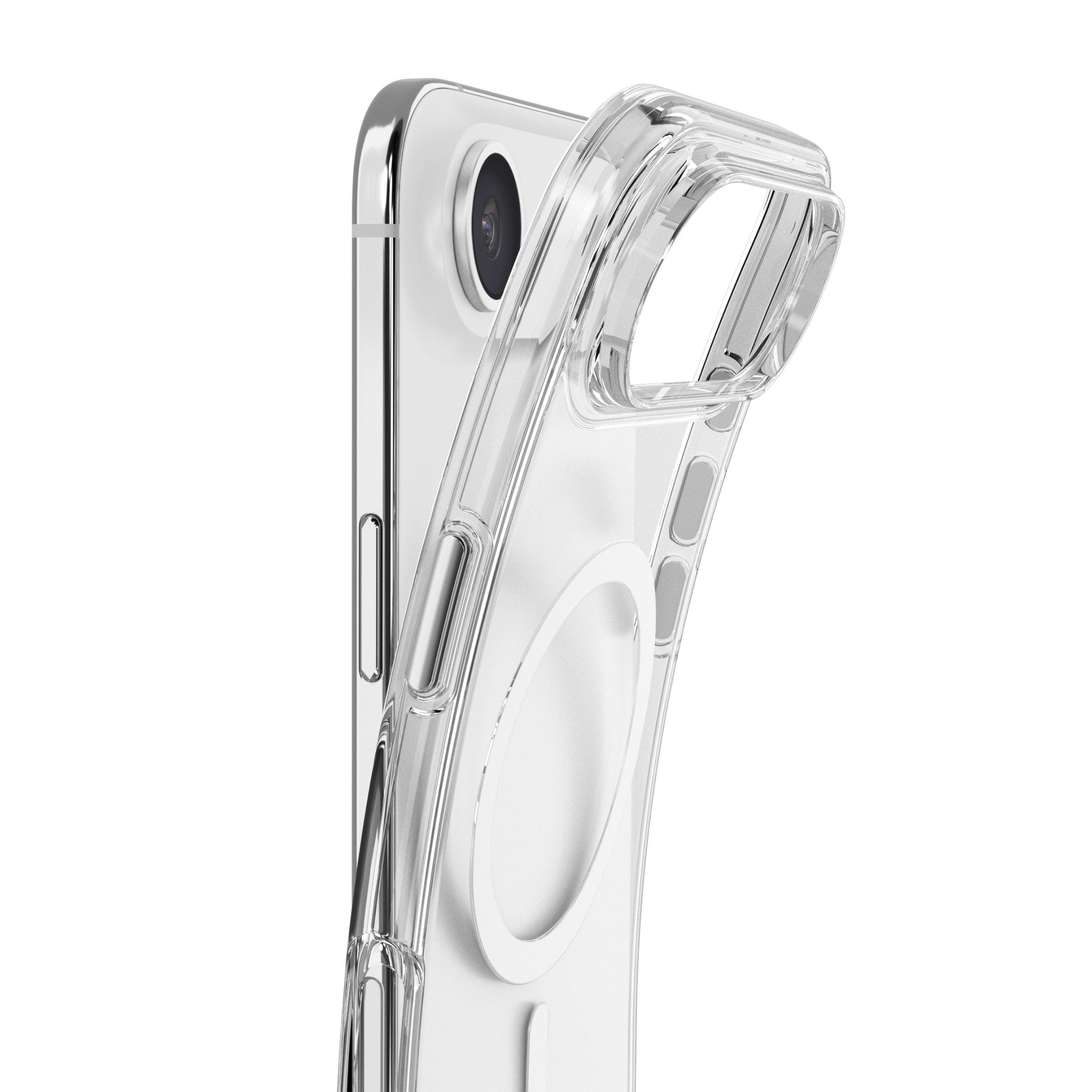 Transparente Handyhülle, die teilweise ein Smartphone bedeckt. Die Hülle ist transparent, das Telefon ist weiß und der Hintergrund ist weiß.