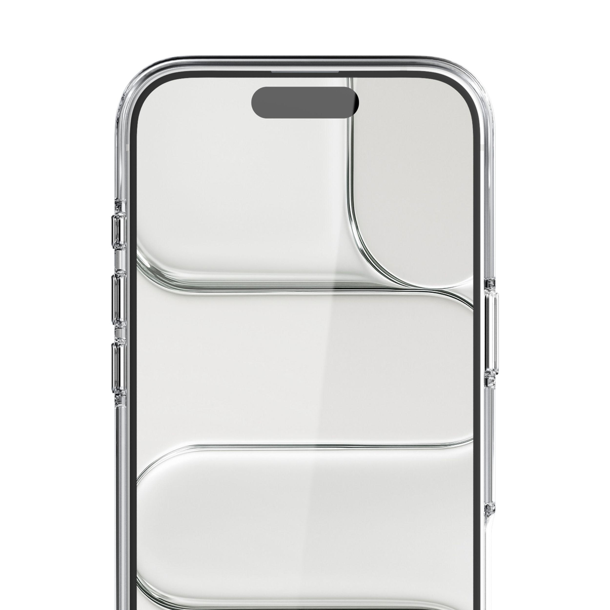 Transparente Handyhülle mit schwarzem Rand und grauem Kameraausschnitt. Der Hintergrund ist weiß.