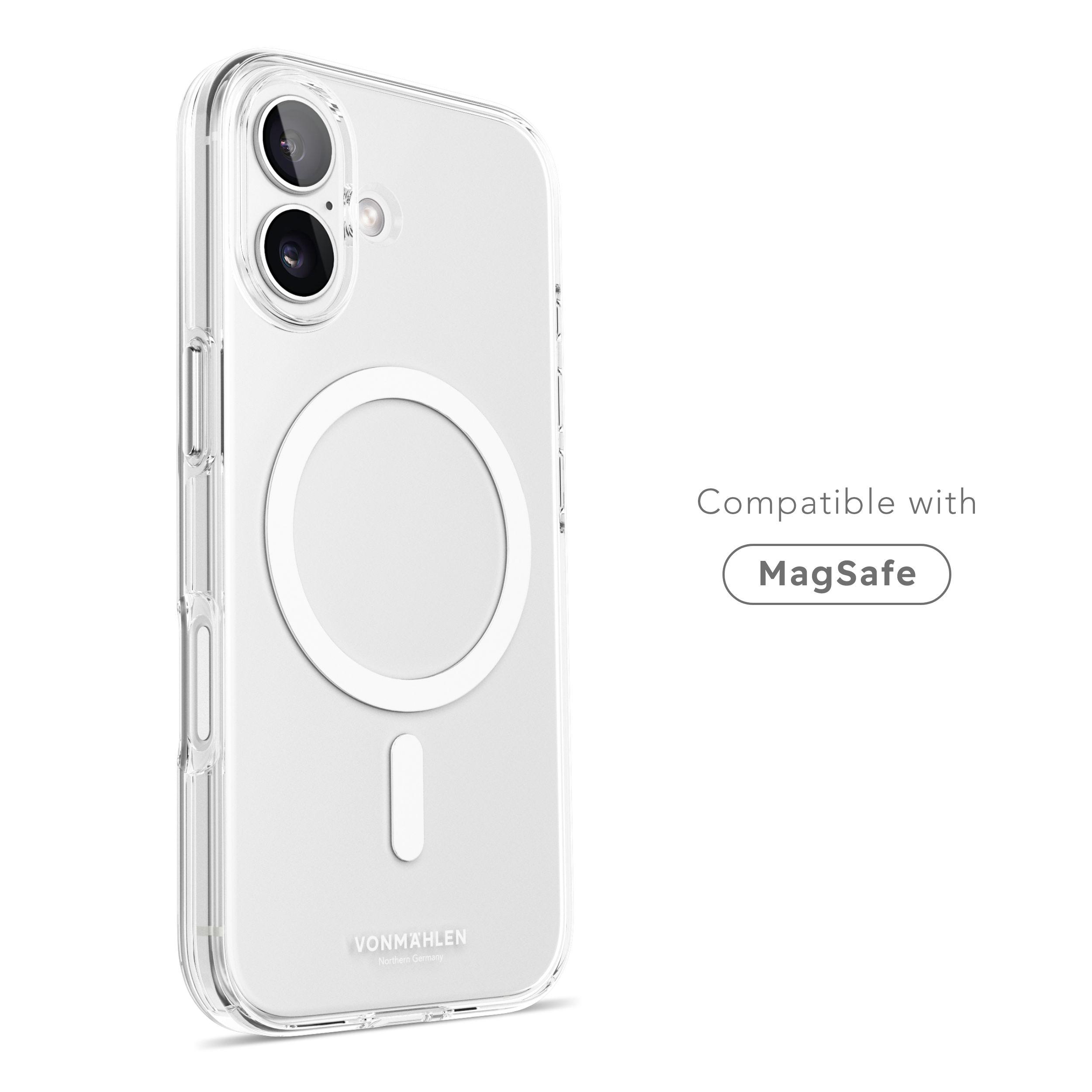 Transparente Handyhülle mit MagSafe-Kompatibilität. Enthält einen weißen MagSafe-Kreis. Text: 'Kompatibel mit MagSafe'.