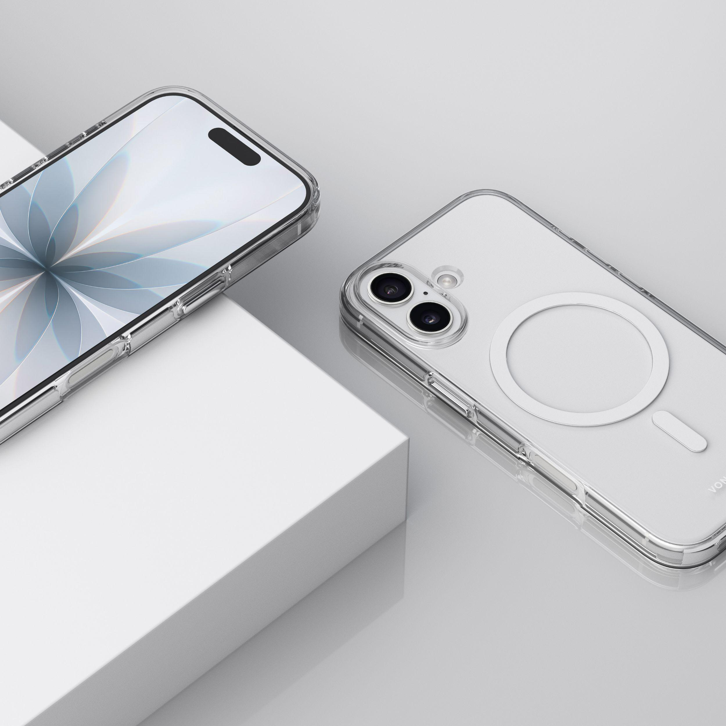Zwei transparente Telefonhüllen auf weißer Oberfläche. Eine mit Blumendesign. Die andere hat einen weißen Kreis.