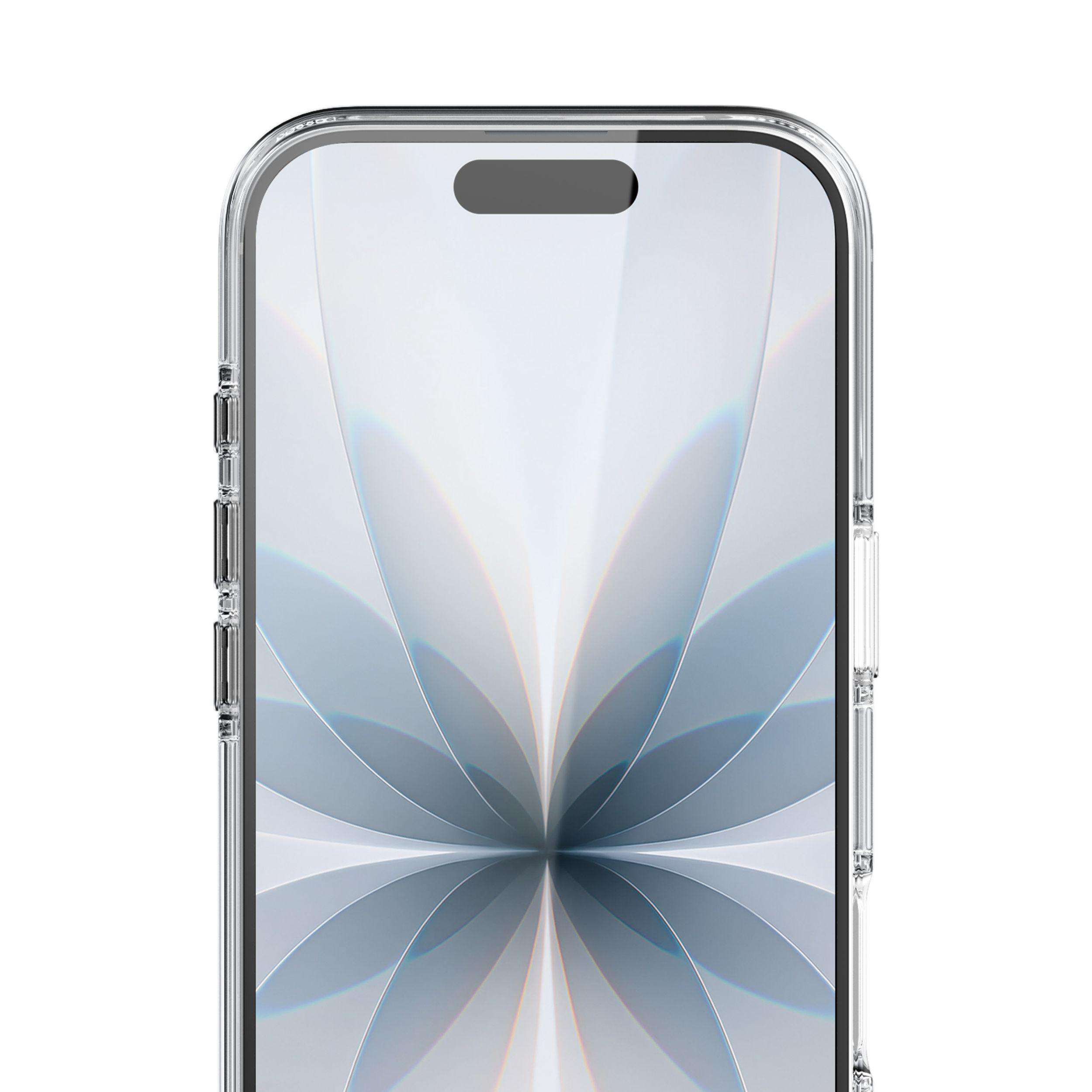 Nahaufnahme eines Telefons in einer transparenten Hülle. Der Bildschirm zeigt ein hellgraues, abstraktes Design. Die Hülle hat transparente Knöpfe.