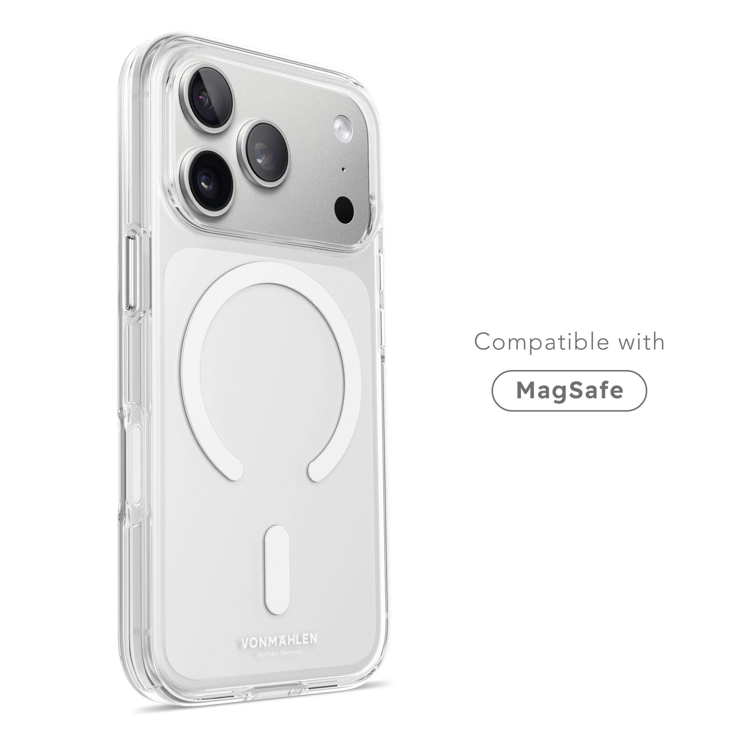 Transparente Handyhülle mit MagSafe-Kompatibilität, Marke Vonmählen. Weißer Hintergrund mit Text: Kompatibel mit MagSafe.