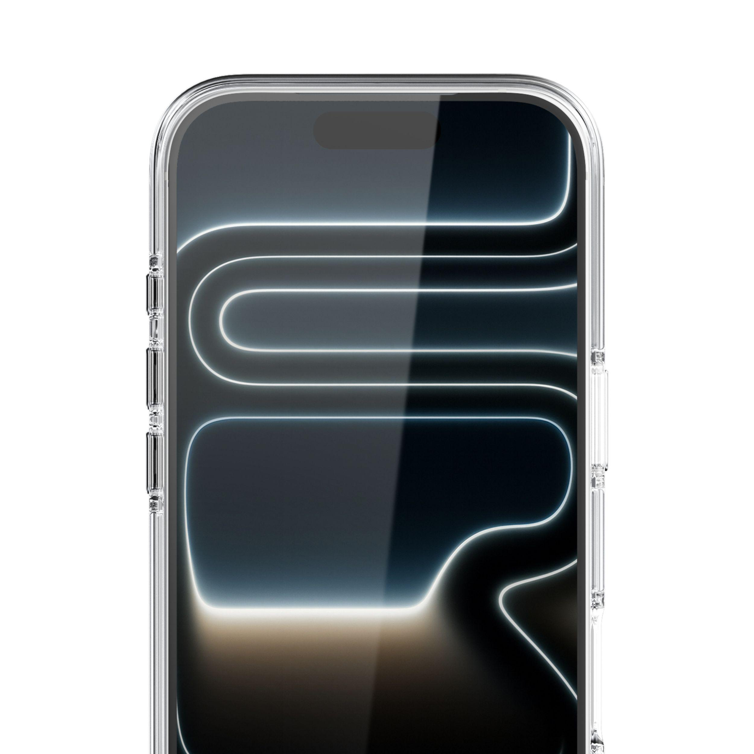 Nahaufnahme eines Telefons mit durchsichtiger Hülle. Der Bildschirm zeigt leuchtende weiße Linien auf dunklem Hintergrund.