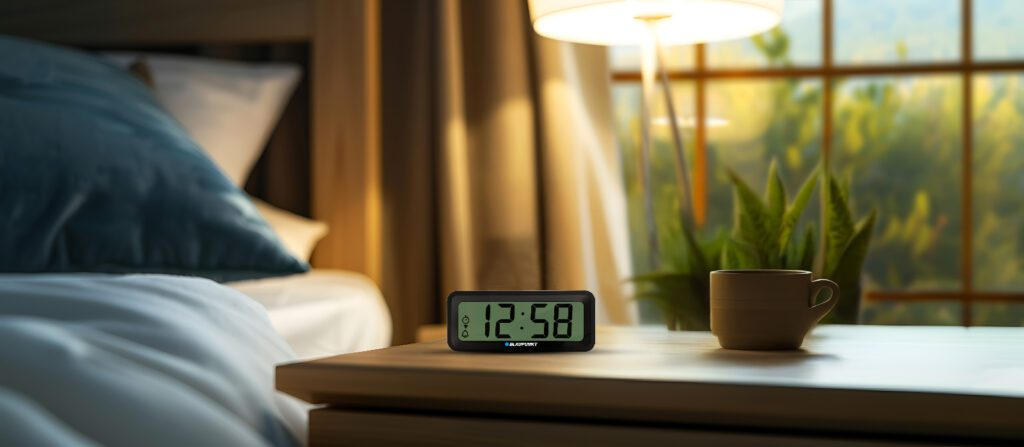 Szafka nocna z cyfrowym zegarem pokazującym 12:58, kubkiem i rośliną obok okna z widokiem.