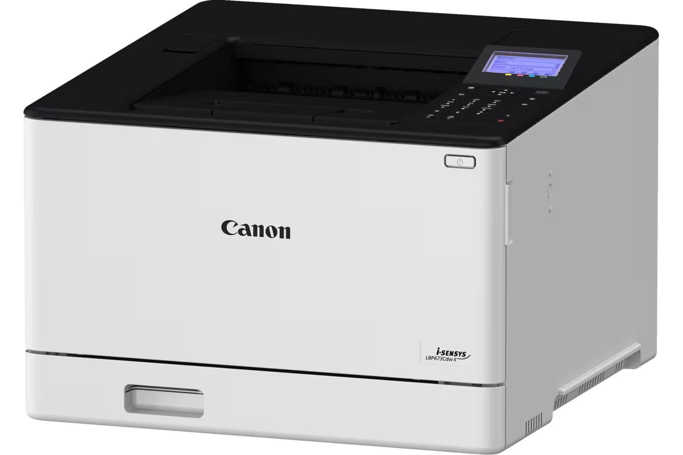 Egy Canon i-SENSYS LBP673Cdw II nyomtató. Fehér és szürke test, fekete tetővel. Vezérlőpanel a jobb felső sarokban.