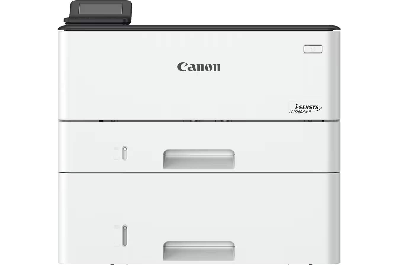 Fehér Canon i-SENSYS LBP246dw II nyomtató. Két papírtálcája van, és fekete tetején egy kis kijelző található.