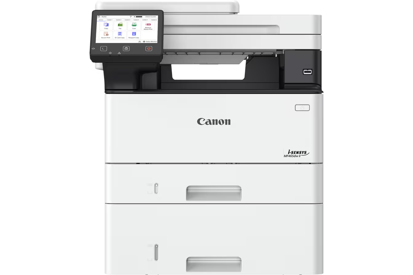 Egy Canon i-SENSYS MF465dw II nyomtató. Fehér, fekete vezérlőpanellel. Több gomb és egy képernyő is van rajta.