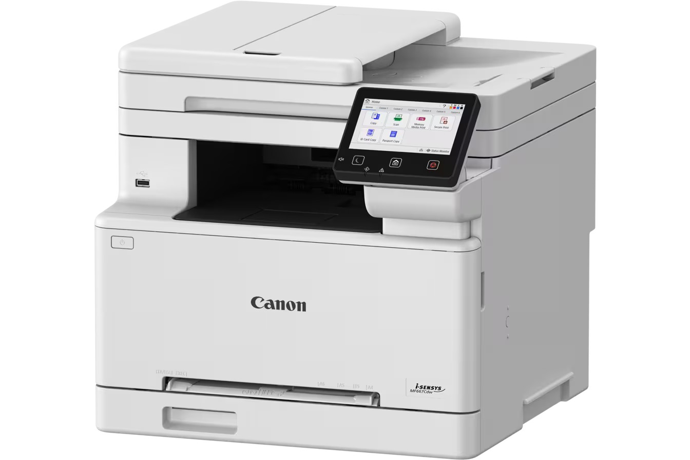 Egy fehér Canon i-SENSYS MF667Cdw multifunkciós nyomtató. Érintőképernyővel, papírtálcával és a Canon logójával rendelkezik.