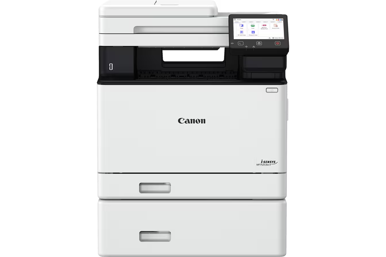 Egy fehér Canon i-SENSYS MF752Cdw II multifunkciós nyomtató. Van rajta vezérlőpanel, papírtálcák és szkenner. A Canon logója látható.