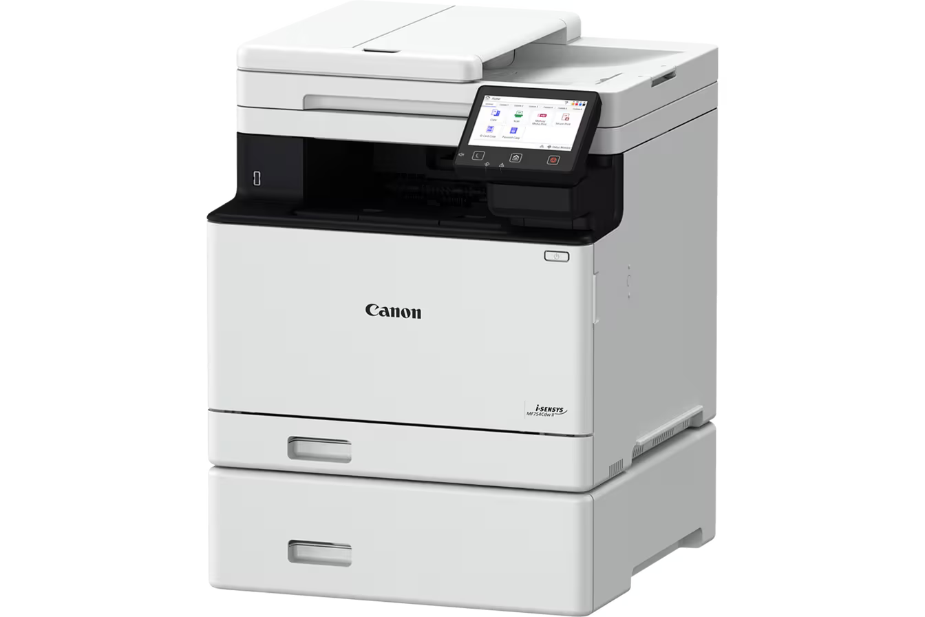 A Canon i-SENSYS MF744Cdw nyomtató fehér. Érintőképernyővel, papírtálcákkal és a Canon logóval rendelkezik.