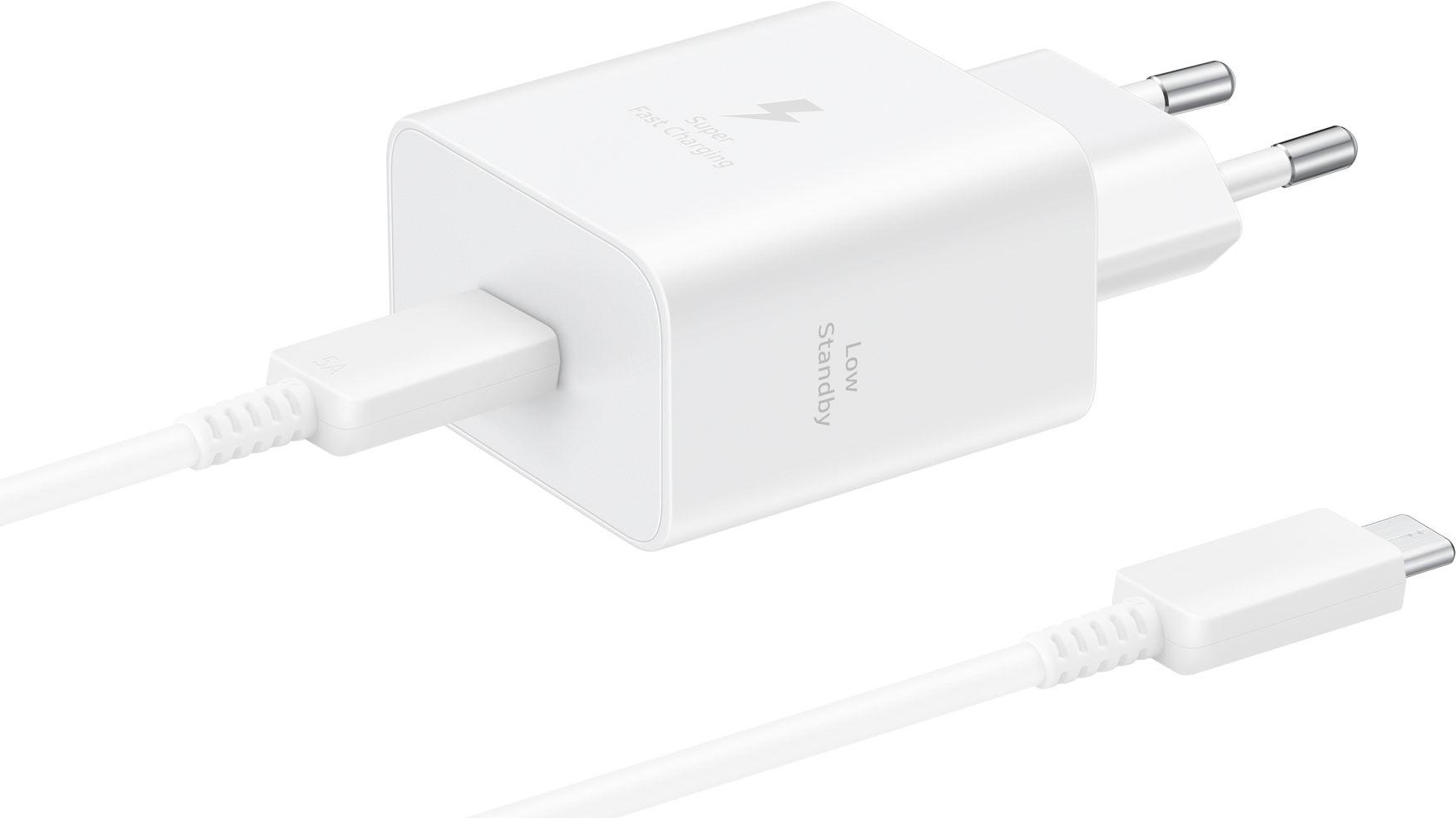 Caricabatterie Samsung bianco con cavo USB-C. Il caricabatterie ha 'Super Fast Charging' e un fulmine.