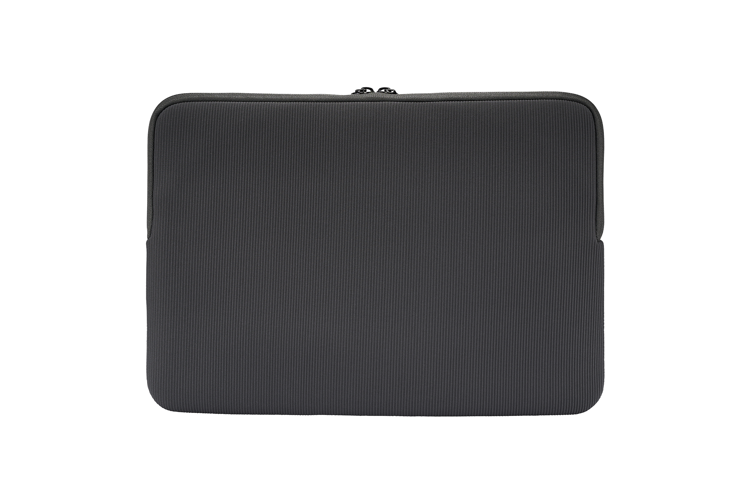Eine dunkelgraue Laptoptasche auf weißem Hintergrund. Sie hat einen Reißverschluss und eine gerippte Textur.
