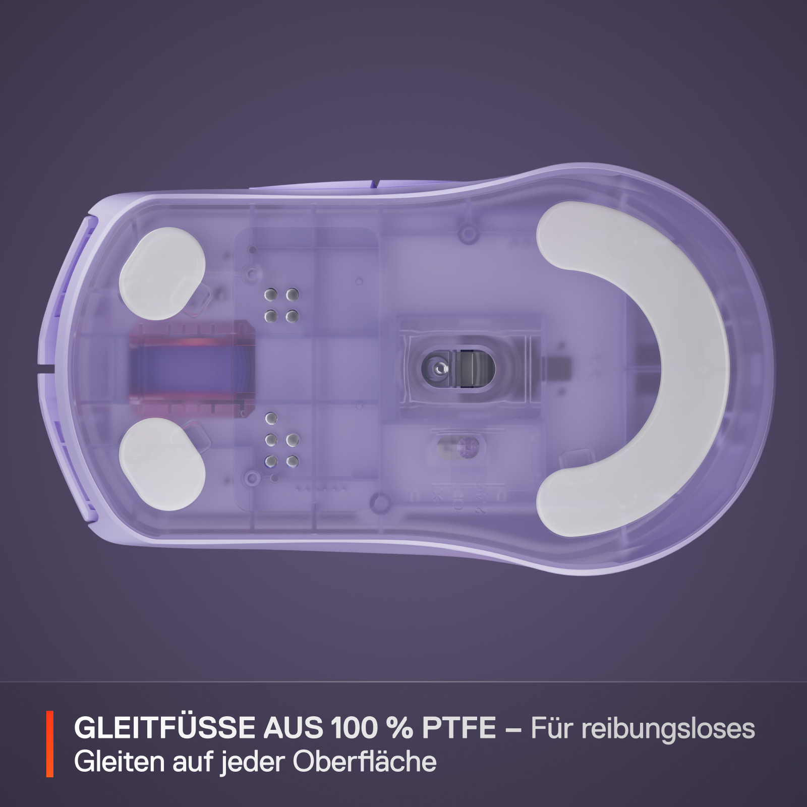 Draufsicht auf eine lila Maus mit weißen Pads. Das Bild zeigt das Design und die Eigenschaften der Maus.