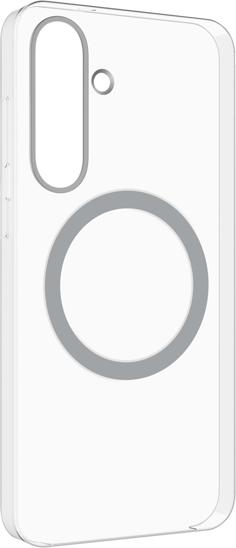 Custodia bianca per telefono con ritaglio per fotocamera e cerchio grigio sul retro. La custodia ha un piccolo pulsante laterale.