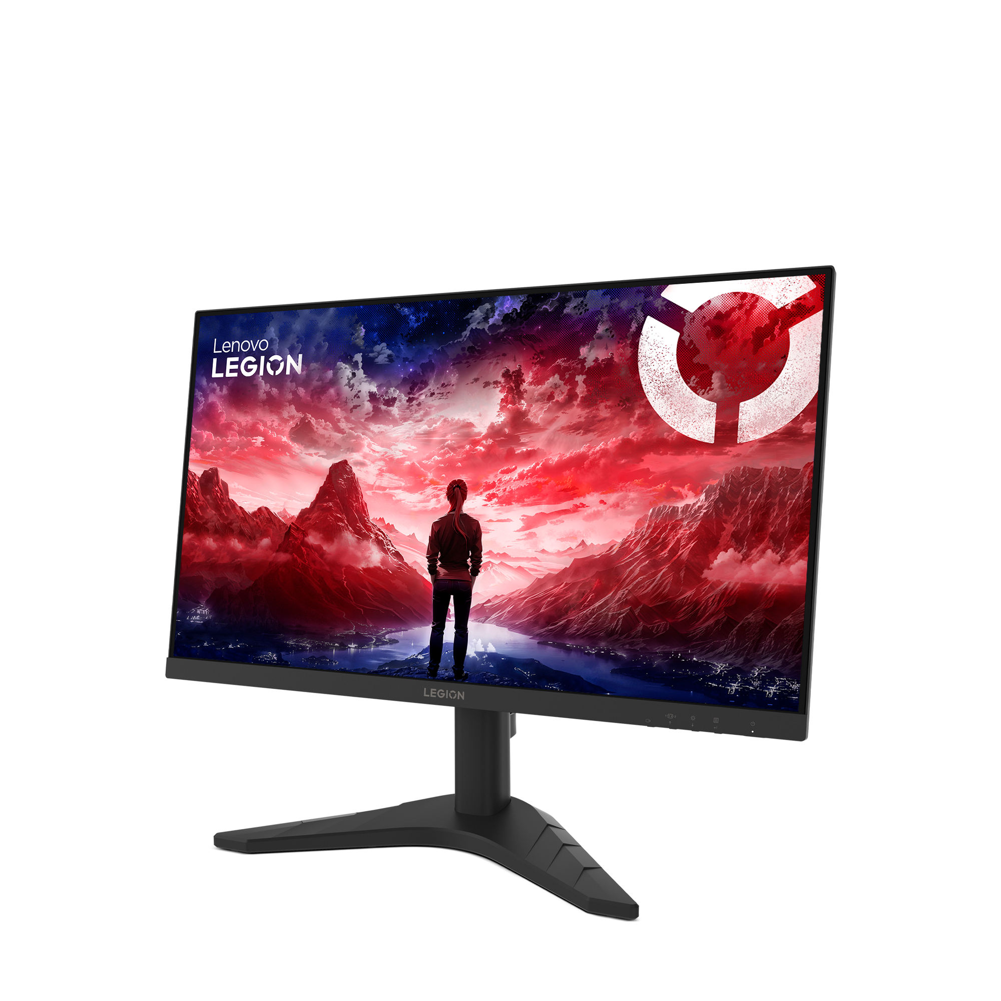 Lenovo Legion monitörü. Ekran, dağlarla kırmızı ve mavi bir manzaraya bakan bir kişiyi gösteriyor.