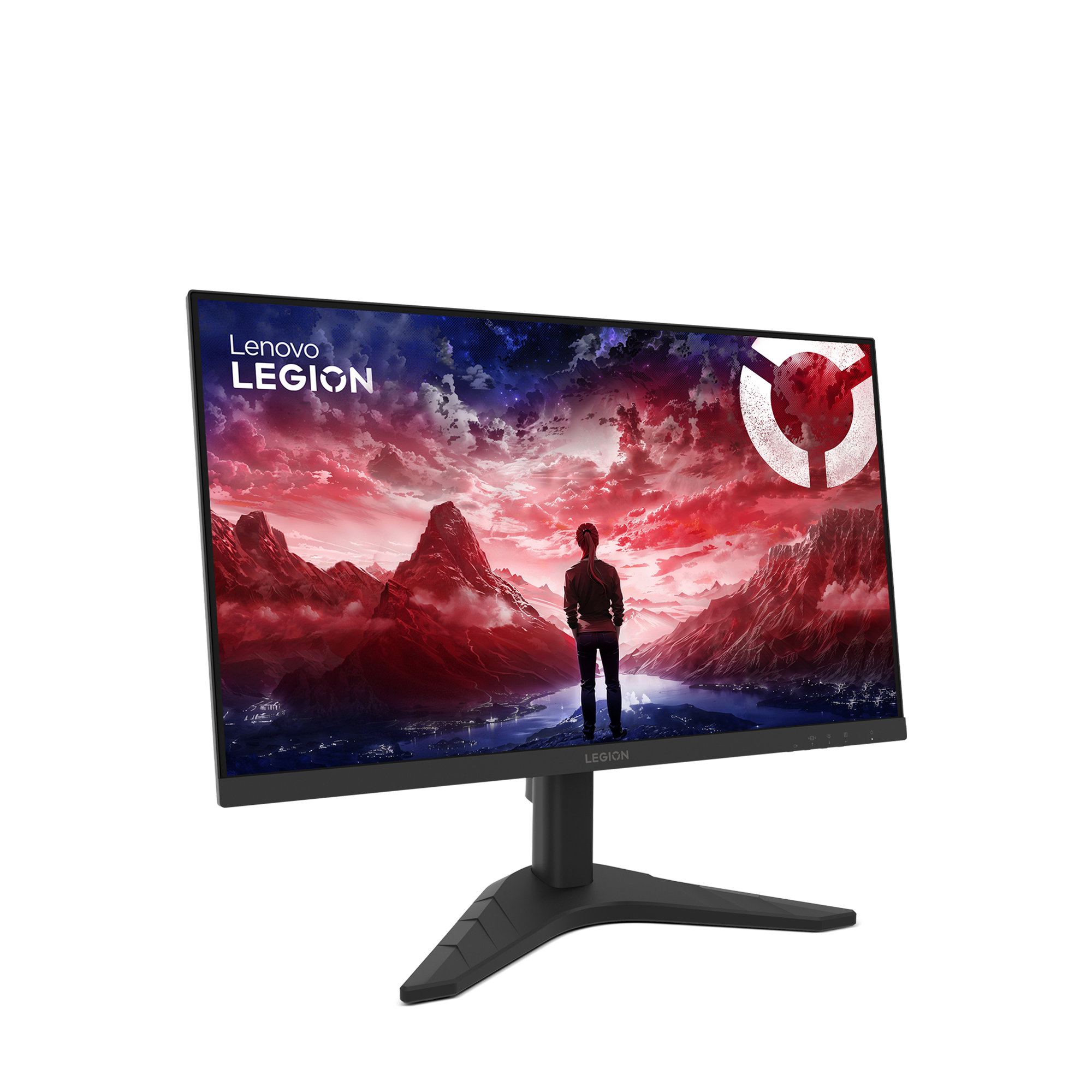 Lenovo Legion monitörü, bir figür, dağlar ve kırmızı-mavi bir gökyüzü ile bir manzara sergiliyor.