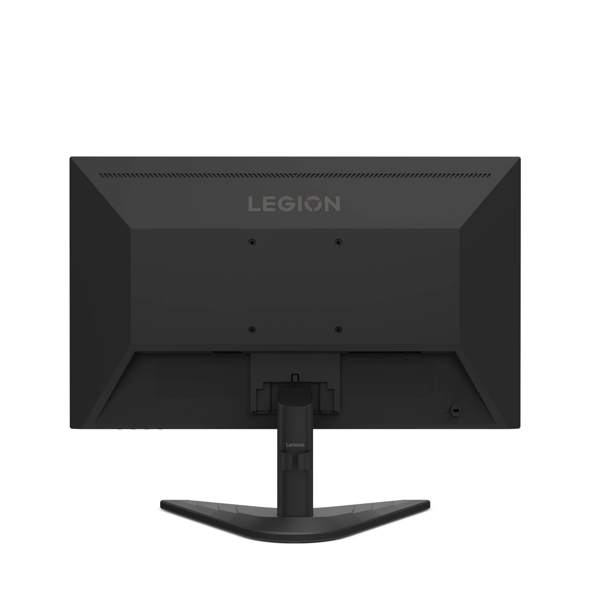 Siyah bir Lenovo Legion monitörünün arkadan görünümü. Stand ve arka panel görünür. 'LEGION' kelimesi yukarıdadır.