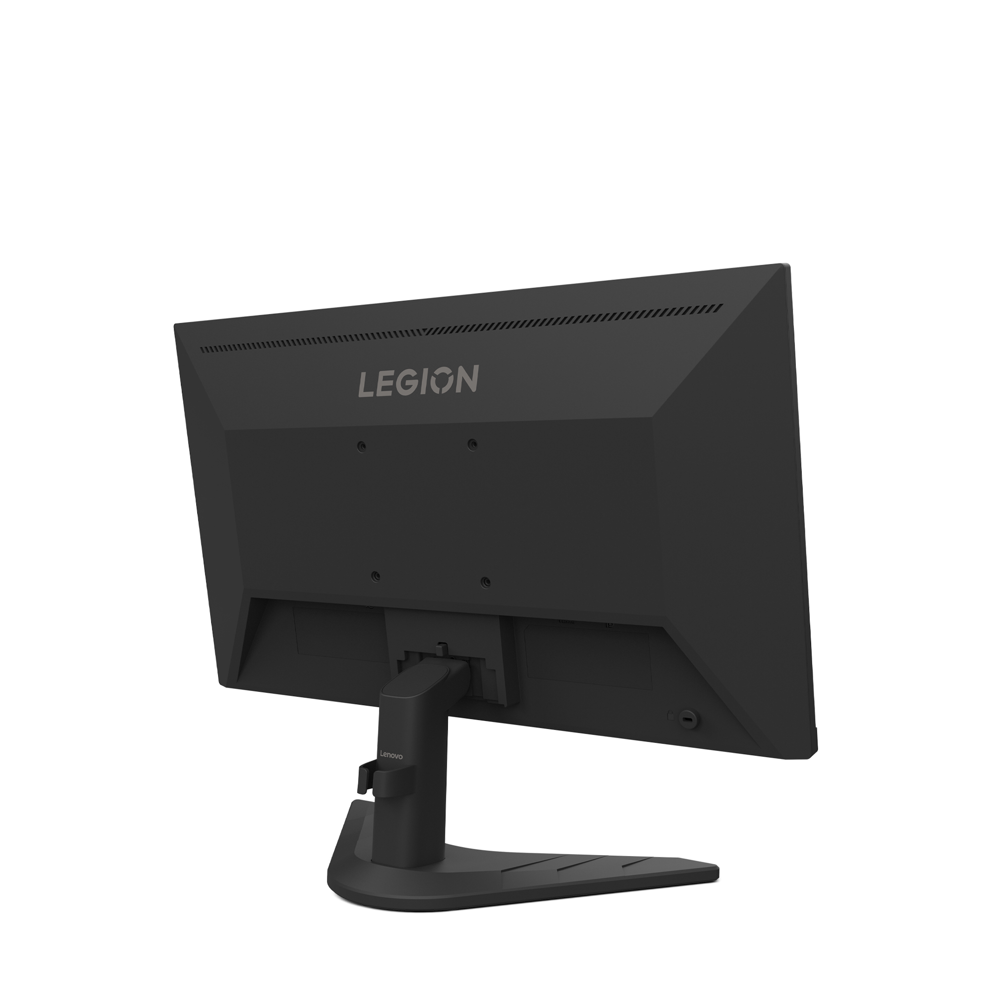 Siyah Lenovo Legion monitör, arkadan görünüm. Monitör bir stand üzerinde. Legion logosu görünür durumda.